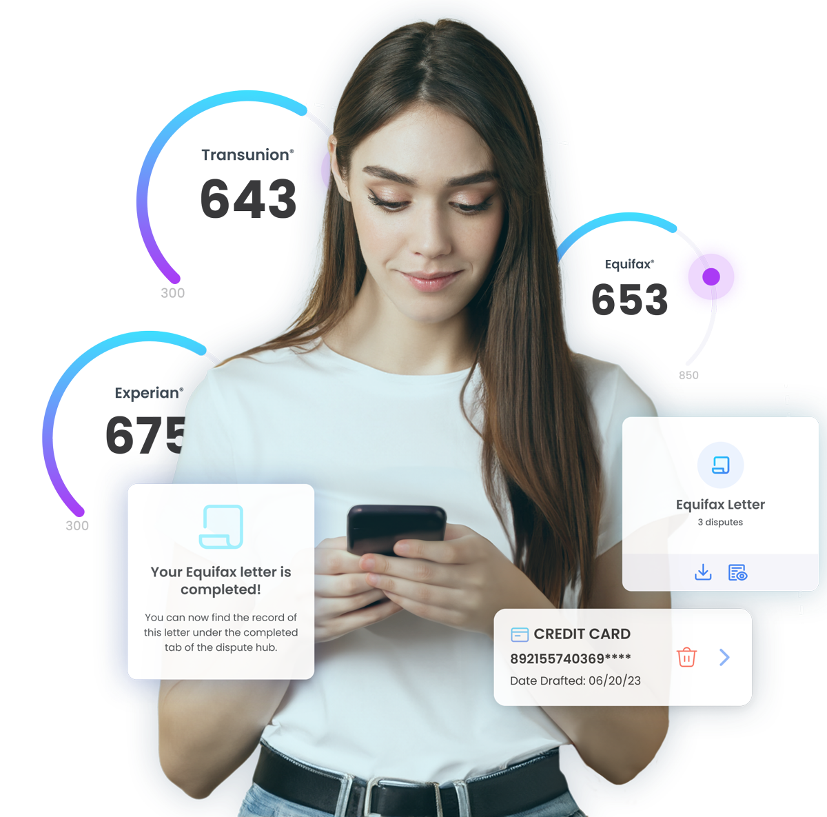 smiling woman on phone with three credit scores popping out
