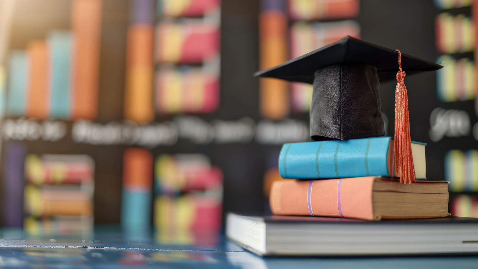 Graduation cap on top of books, demonstrating learning about finances and credit management as a recent graduate