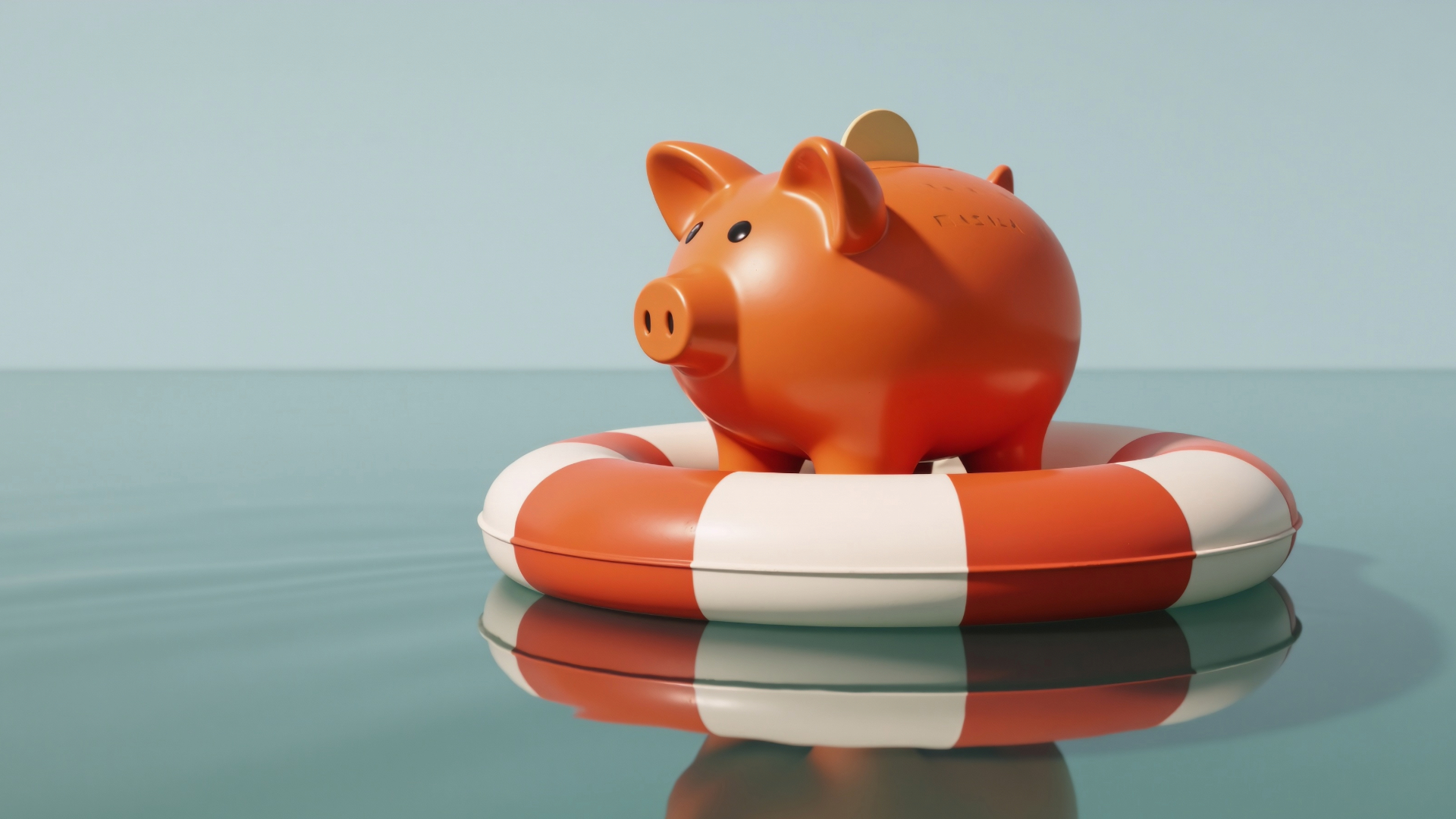 Financial safety net or plan represented by a piggy bank floating on an orange and white lifesaver float